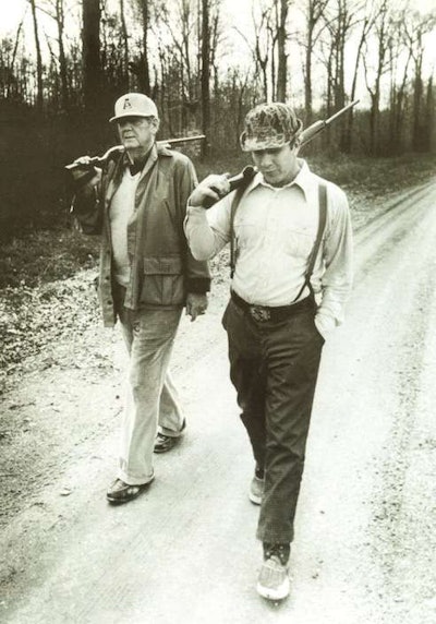 Coach Dye in the foreground with Bear Bryant, taken way back when. Lucky for me, he did not have his shotgun handy on the day of our video shoot.