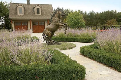 Youngblood used similiar design elements for two very different settings: (top) a 600-acre horse farm and (below) elborate formal garden for an urban home.