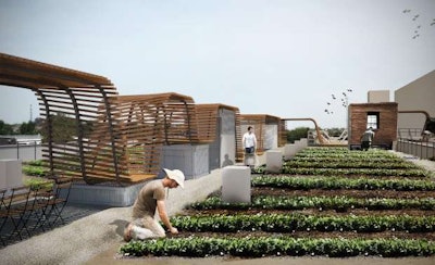 A photo rendering of The Food Roof, which is planned to be a rooftop community sponsored agriculture (CSA) farm. The Food Roof will included an outdoor gathering space for community events and educational opportunities. The site affords a view of downtown. The location of The Food Roof is 1335 Convention Plaza in downtown St. Louis. The Food Roof is a project of Urban Harvest STL