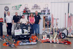 Pictured left to right are Dixie Chopper’s Mark Meyers, Dixie Chopper’s Kraig Richmond, Schubert, Bull Dog Power Equipment’s Joan Biddle and Bull Dog Power Equipment’s Bill Biddle.