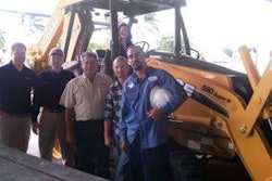 Case Community Challenge grand prize winner, Hubbard Construction received one year’s free use of a Case 580N loader/backhoe. Pictured from left to right are Jim Bansen, Case territory sales manager; David Moore and Bob Ramos, Trekker Tractor; James Ankrum Jr. Freddy Cruz and Gregoria Estrella (seated on the loader/backhoe), Hubbard Construction Company.