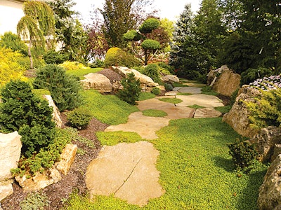 (Above) Their 1-1/2-acre perennial area is organized in alphabetical order to easily pull orders. (Here) The landscapers used diverse plant and stone materials, as well as undulating beds, on this project.