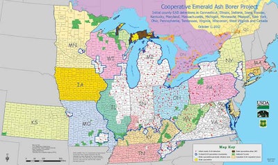 Each year, two or three new states get populated by EAB, mostly as a result of human transport. Photo: Cooperative Emerald Ash Borer Project, U.S. Department of Agriculture, Animal and Plant Health Inspection Service, Plant Protection Service (USDA/APHIS/PPQ), and US Forest Service, Oct. 1, 2012
