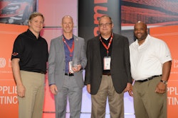(From left to right) Jones Lang LaSalle Chief Executive Officer, Corporate Solutions, Americas Tod Lickerman and Senior Vice President of Strategic Sourcing Marc Campbell (far right) present the Supplier of Distinction Award for Innovation to ValleyCrest’s Vice President of Strategic Relations Greg Harbison and National Sales Operations/Texas Regional Sales Leader Mark Hopkins.