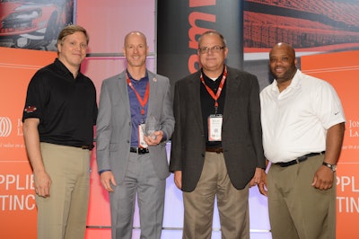 (From left to right) Jones Lang LaSalle Chief Executive Officer, Corporate Solutions, Americas Tod Lickerman and Senior Vice President of Strategic Sourcing Marc Campbell (far right) present the Supplier of Distinction Award for Innovation to ValleyCrest’s Vice President of Strategic Relations Greg Harbison and National Sales Operations/Texas Regional Sales Leader Mark Hopkins.