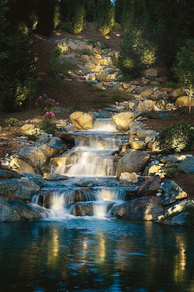 Kichler Lighting’s pond, floating and underwater 12-volt water lights bring features to life at night.
