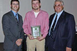At the annual John Deere Tech Graduation Recognition Banquet, the Outstanding Student Award and Highest GPA Award went to John Rubrake of Columbia City, Ind., at center. He is pictured with Russell Neu, John Deere Tech instructor, at left and Corey Rabe, keynote speaker at right.