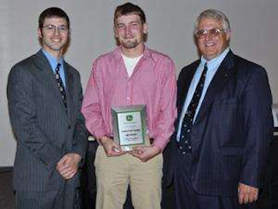 At the annual John Deere Tech Graduation Recognition Banquet, the Outstanding Student Award and Highest GPA Award went to John Rubrake of Columbia City, Ind., at center. He is pictured with Russell Neu, John Deere Tech instructor, at left and Corey Rabe, keynote speaker at right.