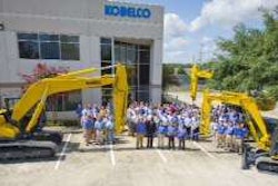 Pictured from left to right are Ron Hargrave, Vice President Marketing & Sales of KOBELCO USA, Jerry Davis, Houston City Council Member, Katsuhiko “Pete” Morita, President & CEO of KOBELCO USA, Jun Fujioka President & CEO of Kobelco Construction Machinery Co., Ltd., Yuzuru Ieki Director & Executive Vice President, Managing Director, Sales & Marketing Division Kobelco Construction Machinery Co.