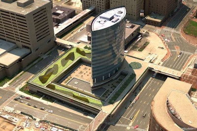 An aerial rendering of the Towers Golde design for the Phoenix Plaza; Green Roof plantings by All Seasons Landscaping of Newington, Connecticut.