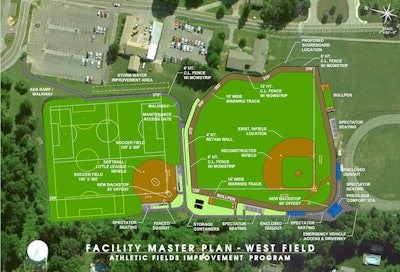 As part of the $2.5-million athletic facilities improvement program at the SUNY Westchester Community College, BBS Architects will redevelop the 6.7-acre West Fields, including construction of new support structures, natural turf surface, access roads, and irrigation and under-drainage systems. Rendering courtesy BBS Architects, Landscape Architects and Engineers