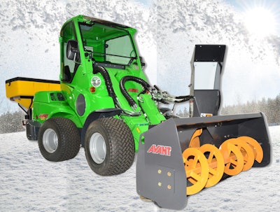 The Avant 640 pictures with the introduced 2-stage snow blower and a salt spreader rear attachment.