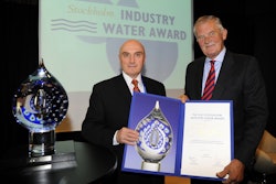 The 2013 Stockholm Industry Water Award is presented to Netafim President Igal Aisenberg (left) by Peter Forssman, chairman, Stockholm International Water Institute Board.