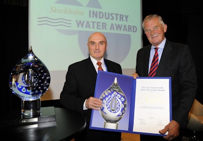 The 2013 Stockholm Industry Water Award is presented to Netafim President Igal Aisenberg (left) by Peter Forssman, chairman, Stockholm International Water Institute Board.