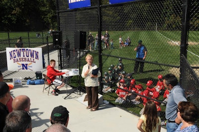 Pat Llodra, Newtown First Selectman, addresses the audience.