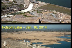These images of Folsom Lake, a reservoir in Northern California, depict the impact of California’s drought. The top photo shows the lake at 97 percent of total capacity and 130 percent of its historical average for that date. The bottom photo shows the lake on Jan. 16, 2014, when it was at 17 percent of capacity and 35 percent of its historical average. Photo provided by the California Department of Water Resources.