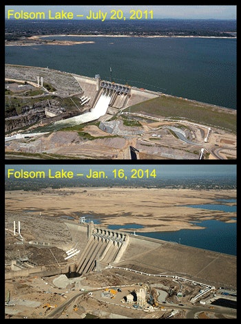 These images of Folsom Lake, a reservoir in Northern California, depict the impact of California’s drought. The top photo shows the lake at 97 percent of total capacity and 130 percent of its historical average for that date. The bottom photo shows the lake on Jan. 16, 2014, when it was at 17 percent of capacity and 35 percent of its historical average. Photo provided by the California Department of Water Resources.
