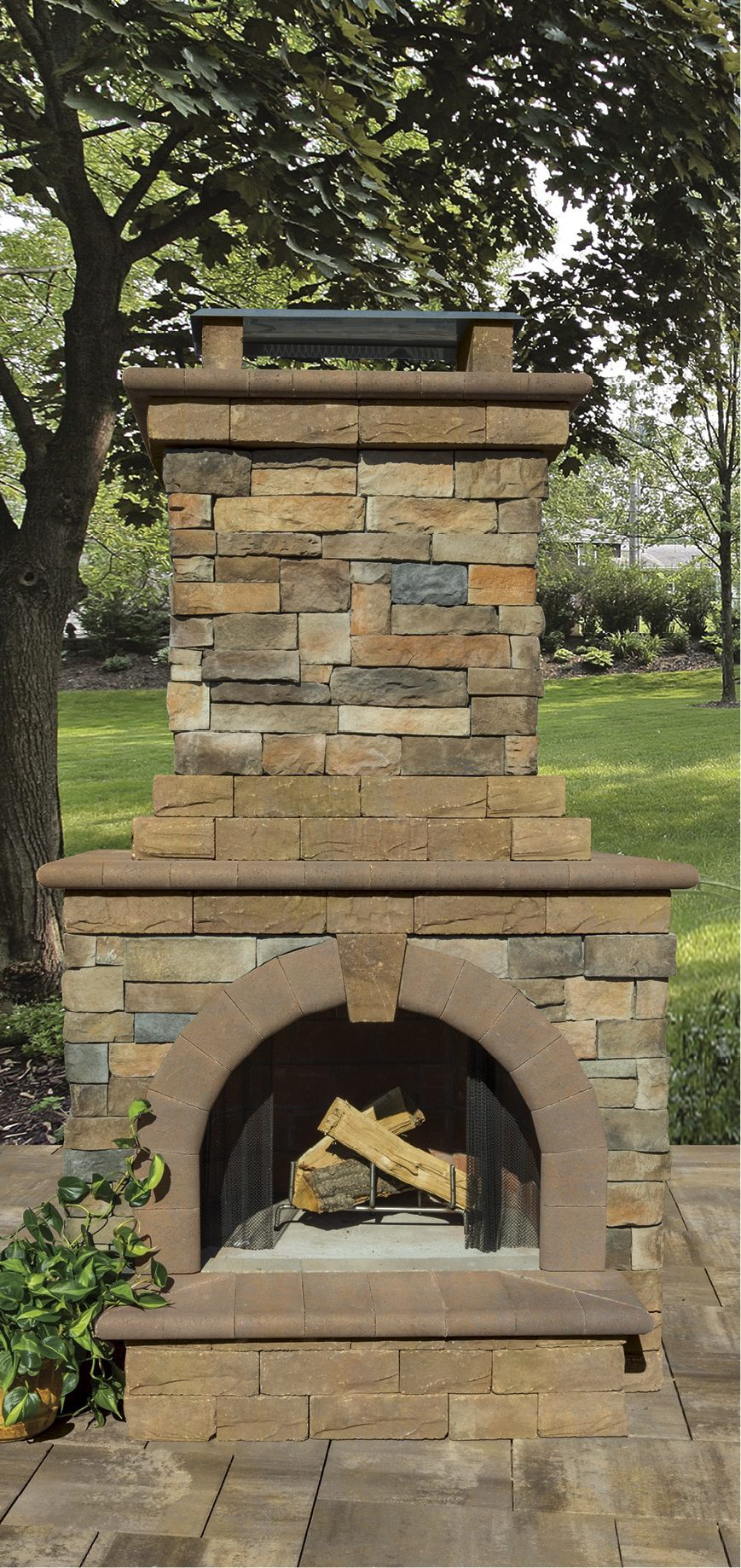 Fully-Assembled Stone Veneer Outdoor Fireplace