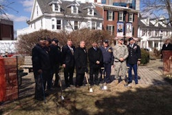 The Bucks County Global War on Terror Memorial groundbreaking ceremony. Left to right: Sergeant Robert Bray, United States Army; Ed Krensel, Doylestown Post 175 VFW; Richard Scott, Doylestown Post 175 VFW and Memorial Chair; Charley Martin, Bucks County Commissioner; Ed Lopez, Doylestown Post 175 VFW and Memorial Fundraising Chair; Steve Brauns, Brauns, Inc. and Memorial Designer and Contractor; Captain Robert Semanoff, United States Army