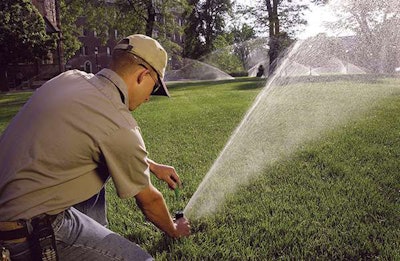 Landscapers should check client’s systems at the beginning and end of the hottest season to make sure everything is working properly. A misaligned head, clogged head or torn line can lead to thousands of gallons of wasted water. Photo: Rain Bird