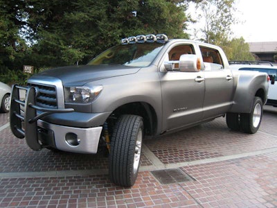 2007 Tundra Dually Diesel. This Toyota Tundra CrewMax diesel dually project truck made its debut at the 2007 SEMA Show. It's powered by an 8.0L medium-duty diesel plucked from a 35,000-pound Hino mated with an Eaton five-speed manual transmission and a Hi