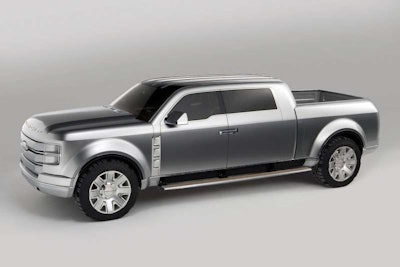 This sleek 2006 Ford F-250 concept is the Super Chief—a design tribute to the Atchison, Topeka and Santa Fe Railway’s Super Chief locomotive. Its “Tri-Flex” V-10 was designed to run on hydrogen, E-85 ethanol or gasoline. The engine’s supercharger only engaged when running on hydrogen. The rear doors were rear-hinged “suicide style.” Roof was full glass with four chrome rails running from to back–and it sported a wood-planked bed floor. Below the bed of the F-250 Super Chief are three high-pressure hydrogen fuel tanks containing enough hydrogen to travel approximately 150 miles.