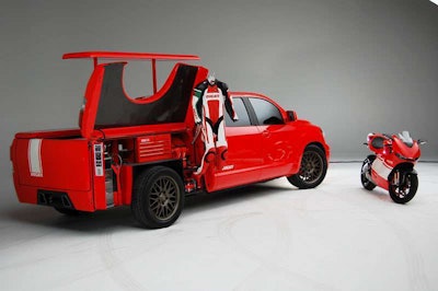 In 2008 Toyota had this concept built for the SEMA Show. The Tundra/Ducati Transporter is built on a Tundra CrewMax, which has been modified to accept a 6.5-inch bed. The transporter is tied thematically to the bike, incorporating Ducati Corse style along