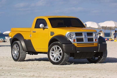 The 4x4 Dodge M80 concept vehicle, built off the Dakota platform and powered by a 210hp 3.7L V-6, appeared at the 2002 North American International Auto Show. The minimalist design, 20-inch wheels, and