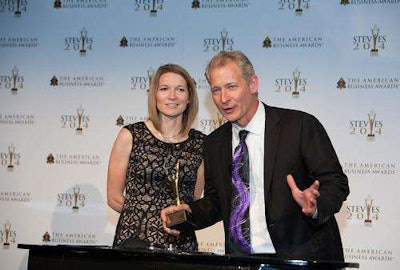 Cub Cadet Director of Marketing Jeff Salamon and Senior Marketing Communications Manager Emily Sword accepting the Gold Stevie Award, the highest honor at the prestigious American Business Awards on June 13.