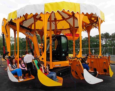 Designed for young kids, the Dig-A-Round is Diggerland’s version of a carousel. Visitors can climb into the bucket of a JCB 8065 and enjoy the soft, slightly elevated ride around the 14,515 pound 8065 excavator.
