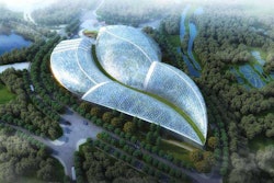 Aerial visualization of the Plant Pavilion, modeled on the organic shape of a falling leaf. Photo: Landscape Architects Network