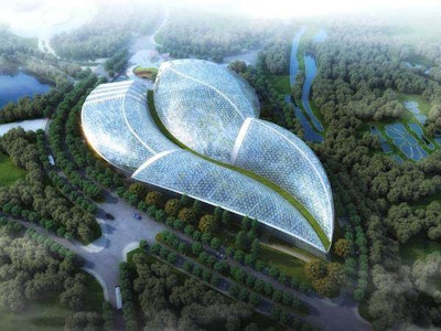 Aerial visualization of the Plant Pavilion, modeled on the organic shape of a falling leaf. Photo: Landscape Architects Network