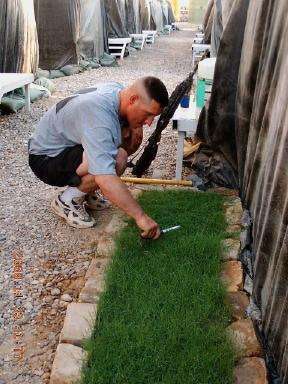Warrant Officer 1 Brook Turner tending to a plot of grass with a pair of scissors. Photo: Snopes