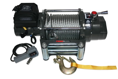 Bulldog 15K HD, The 15k Heavy Duty Truck Winch from Bulldog Winch uses a 7.2 horsepower motor to deliver its recovery power through 92 feet of 15/32-inch wire rope. It has an automatic gear pawl load-holding brake and an amp-overload sensor with LED feedb