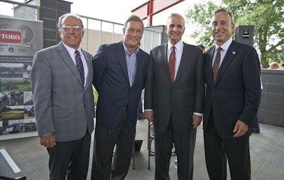 Left to right: Mayor Gene Winstead (Bloomington); Jeff Appelquist, author of Toro’s recently released centennial book, Legacy of Excellence; Governor Mark Dayton (Minnesota); and Michael J. Hoffman, Toro’s chairman and CEO Photo: The Toro Company