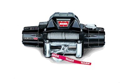 Warn Zeon 10, A strong, low-profile electric that works well on ½-ton work pickups is the 98-pound Warn Zeon 10 winch. Its control pack can be removed and mounted in other locations, and the large diameter winch drum reduces line wear. A 4.6 horsepower se