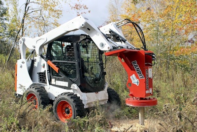 Landclearing: Easily grind stumps of any shape or size with Bandit Industries’ Stump Gun, a stump grinding attachment designed for use with skid steers. Powered by the skid steer’s hydraulic system, the Stump Gun attaches to the machine in seconds with a