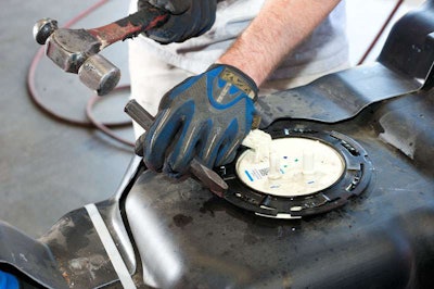 Step 5 Removing Sending Unit Cover: Remove Stock Sending Unit By Tapping The Retaining Ring Counterclockwise With A Hammer