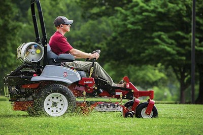 Exmark’s propane-fueled electronic fuel injection (EFI) Lazer Z S-Series zero-turn mower has a Kohler Command Pro engine and can run 7 1/2 hours on a tank of fuel.