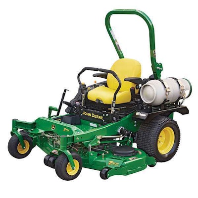 John Deere’s dealer-installed propane kits are available on their ZTrak, QuikTrak and commercial walk-behind mowers.