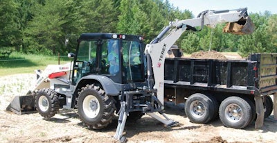 The Terex TLB840 backhoe loader has a Tier 4 Interim Perkins 1204E-E44TA engine and an optional 4-speed servo power synchro transmission with automatic shifting. The machine has a curved boom design to provide greater clearance, a dig depth of 14 feet 9 inches and a hydro mechanical self-leveling feature to avoid spillage.