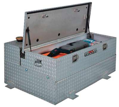 Delta’s 74-gallon combo transfer tank/ toolbox is built with .125 tread-plate aluminum and includes two center baffles for strength and to prevent contents from shifting too quickly. Two 2-inch NPT-reinforced bungs allow for reversing the lockable filler