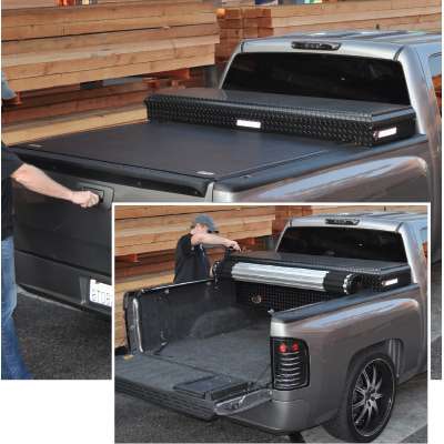 These high-side boxes from Highway Products feature 1/8-inch-thick marine-grade aluminum construction and T-handle stainless steel locks to keep tools secure against break-ins. The doors double as a work space, and the weather stripping is “A”-grade autom