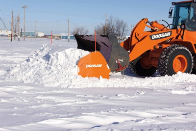 Simplify Snow Removal With Doosan’s Bucket Mounted Snow Pusher Attachments For Its 13 To 20 Metric Ton Wheel Loaders And Tool Carriers, Which Are An Alternative To Buckets And Traditional Windrow Plowing When Clearing Parking Lots, Runways And Roadways
