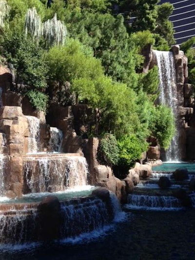 Two of Wynn’s waterfalls run parallel to the street, helping to eliminate some of the noise.