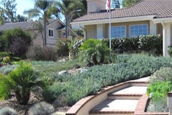 Hardscape, coupled with a variety of drought-resistant plants, replace the lawn at this Southern California home