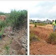 At left, a closeup of the erosion problem; at right, Hunter Bruce, owner of SpreadRite, walks the rutted site before work begins. Photo: Profile Products