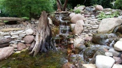 This water garden in North Kansas City has numerous pieces of driftwood from the Missouri River, creating the impression that the garden has been in place for many years. Photo: Good Earth Outdoor