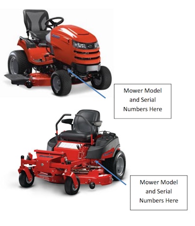 If you believe your mower or tractor is one of the units that has been recalled, look in these locations to find your model number. Photo: Briggs & Stratton