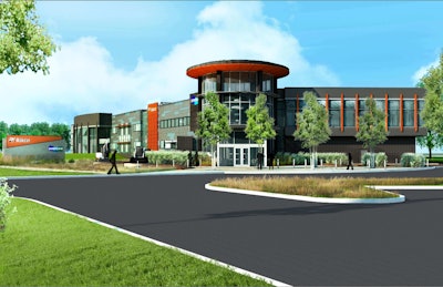 An architectural rendering shows the new front entrance to the Bobcat and Doosan facility, which will be an expansion of the companies’ existing building. Photo: Bobcat